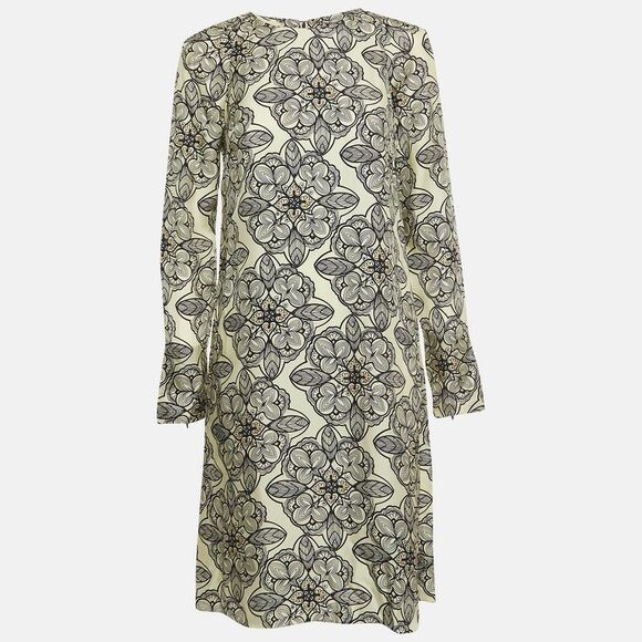 Marni Cream Floral Print Silk Long Sleeve A-Line Dress M